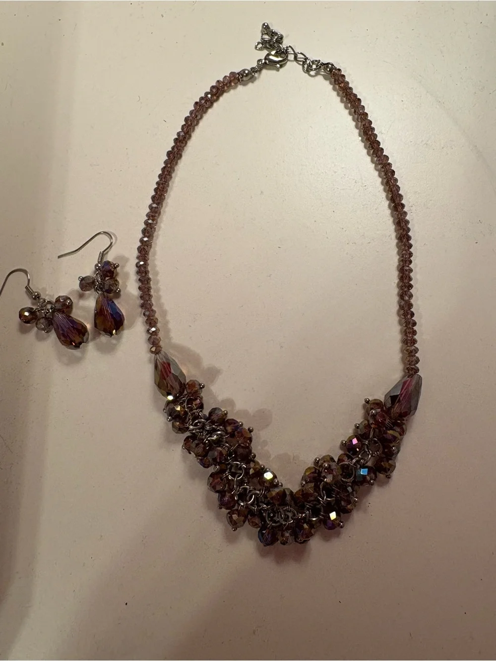 Sparkling Purple & Pink Cluster Beaded Necklace with Matching Earrings